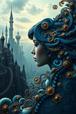 Prompt : A surreal, intricate composition featuring a profile of a woman whose hair blends seamlessly into a swirling, ornate pattern reminiscent of seashells and fractals. Rich shades of blue and gold dominate the image, creating a sense of depth. In the background, fantastical, towering structures rise against a softly lit sky, adding to the dreamlike quality of the scene.