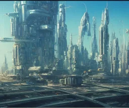 (A Spaceship is taking off:2),Space Center on a heavy industrialized planet with a futuristic city in the background, (retrofuturistic:2), art by John Berkey, buildings with glass facades, brutalist architecture, insanely detailed, vibrant, 8k uhd, cinematic atmosphere, ultra-wide angle, street level view, brush strokes, blue sky with clouds, dramatic sunset, sharp focus