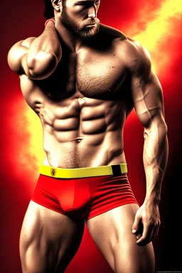 Ignore NSFW, teenager young rugged attractive slightly muscular fantastic handsome man, red briefs with yellow belt, hairy chest, (((visibly pisssing))) briefs, large erect visible boner peniss, photorealistic, artist Jay Anacleto, soft lighting, scruffy beard