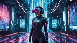 Illustration of a cyberpunk suit woman in a virtual reality setting, surrounded by holographic code, futuristic UI, and virtual landscapes, Surreal Cyberpunk Art Style, Influenced by Deviantart and Ghost in the Shell anime, Camera: POV, Lens: Augmented Reality Lens, Render Style: Isometric Assets, 4K resolution, (((Cyberpunk)))