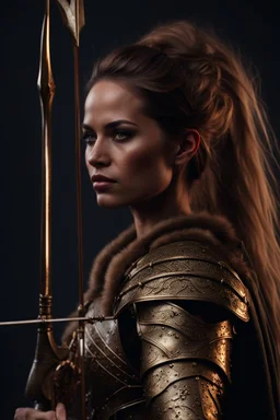 female warrior holding a nocked bow and arrow wearing bronze armour dark fantasy Realistic 4k