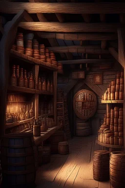 inside of a medieval shop, wooden walls, log pillars