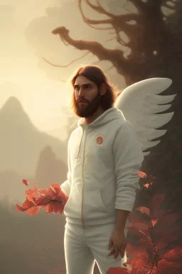 neanderthal portrait , white jogging suite, at dawn by atey ghailan, golden light , holding leaves and flowers , angels background, volumetric light, high detail, red leaf tree, mountains in background, perfect