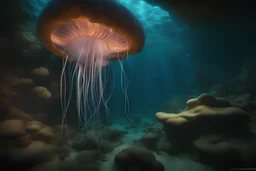 A mysterious underwater cave, rock formation, glowing jellyfish, strange aquatic creatures, art by Lucas Graciano, Cinematic lighting, Volumetric lighting, Epic composition, Photorealism, Bokeh blur, Very high detail, Sony Alpha α7, ISO1900, Character design, Unreal Engine, Octane render, HDR, Subsurface scattering