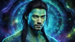 beautiful gorgeous young man na'vi with long hair, Avatar, blue skin, two small ears, green eyes, black hair, in cosmic suit, galactic ambiance, medium pointy goatee , smiling, nebulas and sacred geometry light figures on the backgroud,