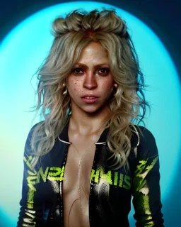 portrait, Shakira, blonde artist, angry, Realistic image, MMA robe, hoodie, mma gloves, band aid, loose long hair, eyes make up, line gold make up, glow, circle iris. moisture sweat, fog, Neon colors, leds. Dark background, photo studio, concept art, smooth, unreal engine 5, god lights, ray tracing, RTX, lumen lighting, ultra detail, volumetric lighting, 3d, finely drawn, high definition, 4k.