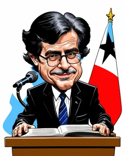 Caricature of Javier Milei, president of Argentina, with glasses, reading at a lectern with a microphone, before the pulication. Behind Javier Milei there is an Argentine flag. Colors of the image, red, black and white