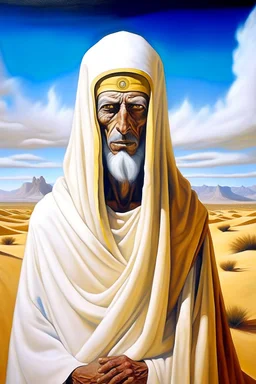 portrait of tall god looks like human but 4 times bigger than normal humans with shining eyes in full clothes, clothes like Arabs in desert. Their face is covered in white shall. by Picaso.