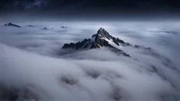 looking down from space at a misty mountain coming through the mist and surrounded by the mist at night starry sky