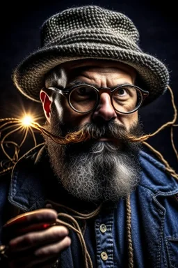 Man with a wire in his hand, hardrocker, glasses, hat, little beard, firestarter