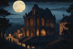 museum quality color woodcut landscape of a dark and foreboding medieval Italian tower house inhabited by vampires, with highly detailed stonework in 10th century Florence on a dark moonlit and foggy night, in the style of Gustave Baumann, with a fine art aesthetic, highly detailed, finely cut ,8k render,