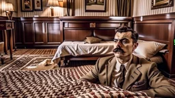 man passed out on hotel room floor while mustache man stares at him longingly