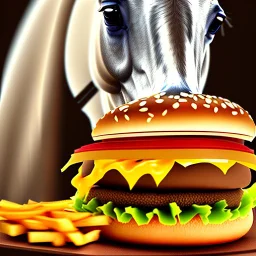 A horse eating a hamburger.