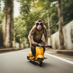 Monkey riding on a scooter making wheelies with sunglasses on