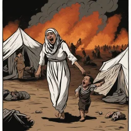 A Palestinian woman wearing the Palestinian dress carries her dead son as she screams and cries at night, with explosions in refugee tents behind her.