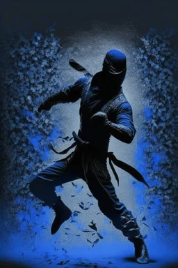 Background is dark blue, almost black. There is a head and torso silhouette looming in the picture, completely masked by a black kevlar suit. martial art pose, shurikens flying