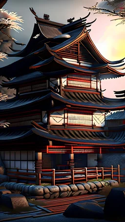 A shogun house in Japan,samurai era,4k,hyperrealistic,side view