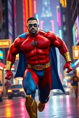 A giant, muscular man with extra-short, crew cut, black hair, blue eyes, short, trimmed goatee, Running on the streets in the neon lit, futuristic City of Xanadu prime, wearing a red body suit that forms to his muscular frame, he also wears tight blue trunks on the outside of the suit, he has a gold lightning belt, gold wrist gauntlets, he wears gold, knee-high boots, he wears a blue cape, he has the symbol of Xanadu Prime on his chest, and a thin black leather bandit eye mask