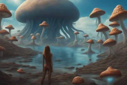 woman in a tight suit, on the shores of an alien world, with mushrooms, with jellyfish tentacles floating in the air, photorealistic, Detailed Matte Painting, Deep Colour, Fantastical, Intricate Detail, sunshine, blue sky