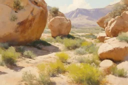 Sunny day, rocks, big rocks, vegetations, distant mountains, sci-fi, willem maris, and alfred stevens paintings
