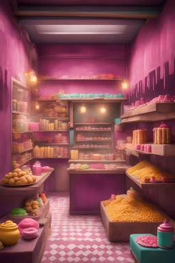 walk-in sweetshop with indian style in perspective with some sweet making experience setup inspired by indian street venders