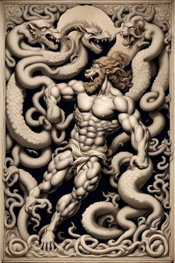 Hercules fighting the hydra in the style of alchemical art