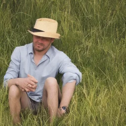 man with a panama hat reflects sitting in a meadow