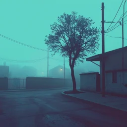 A schematic, nostalgic, cupo horror vaporwave-style image of a dimly lit, foggy street in the outskirts with a pastel blue and brown color scheme. The street has a textured, rough surface. There is a tree in the corner. The background contains a few buildings. The overall atmosphere is eerie and foggy.