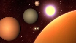 alien planet with several moons in deep space