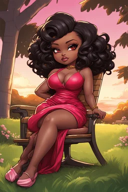 Against a background wash of golden sunset, a curvy chibi black female cartoon bombshell lounges on a lawn chair facing right. Her cascading black hair twists loosely halfway up, the rest falling around her shoulders. Dramatic makeup in sultry shades of brown and pink bring out her large, lined brown eyes. She sits sideways in a form-fitting red maxi dress, resting her rounded face on one hand as the other smooths the billowing fabric over her ample hips.
