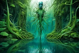 Ecological Art, plants, floating earths, long leaf tendrils, green colors and shades, blue waters, mitical human-plants mutant ecocreatures living fascinating in stunning alien flora, intricate details, sharp focus, filmy , surreal, frighteningly beautiful, perfect stunning composition