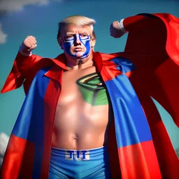 realistic image of donald trump as a mexican wrestling fighter posing outdoors, Mexican eyes wrestling mask, red and blue breeches, confederate flag cape, retro style, 80s, vibrant color, highly detailed, sky background, concept art, unreal engine 5, god rays, ray tracing, RTX, lumen lighting, ultra detail, volumetric lighting, 3d, finely drawn, high definition, high resolution.