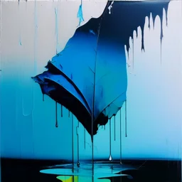 Minimal abstract flat oil painting of a neon large leaf in landscape. With triadic blue colours. Dripping paint. In the style of Justin Mortimer and Phil Hale, Ashley Wood