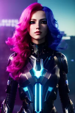 Smirking Cyborg anime assassin, light magenta hair, blue eyes, dark clothing, waist up portrait, 8k resolution, intricate details, ornate details, soft lighting, vibrant colors, retroanime, masterpiece, intricate eyeliner, dark eyeshadow, eyes, intricate tattoos, futuristic cityscape background
