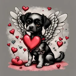 Lovesick , illustrated black and grey puppy dressed as cupid, cupid illustration, vintage valentines day colors, heavenly, romantic colors, realistic dog drawing, surreal, cartoonist, overexaggerated, detailed drawing, behance, Victorian inspired, art station, in the style of damien hirst