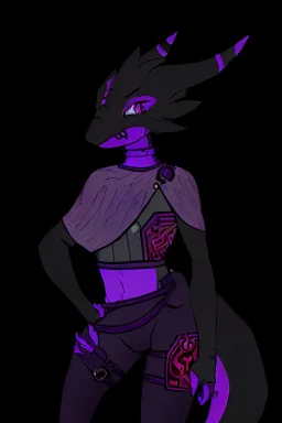 a black and purple, female argonian artificer who uses Tesla coils as weapons, skinny, lightly armored