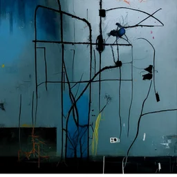 Minimal abstract oil painting of a plants in concrete warehouse brutalist architecture and hanging wires illuminated at night. With triadic colours. In the style of Justin Mortimer and Phil Hale, Ashley Wood