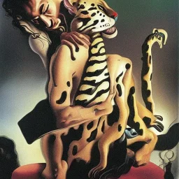 Salvador Dali embraces his pet ocelot Babou , hypperealism , surrealism , a masterpiece by salvador dali