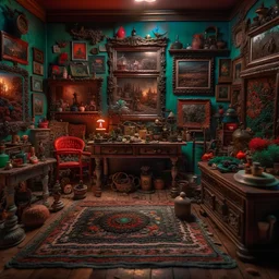 Diorama of old stuff in a room, sharp focus, 8k, 3d, very detailed, volumetric light, grim, fine art, very colorful, ornate, 35mm, F/2.8, insanely detailed and intricate, hypermaximalist, super detailed, decadent