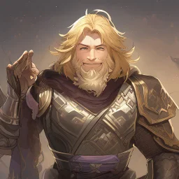 A nord male battlemage from Skyrim, full plate nordic armor, blond hair of medium length, hearty, smiling, thick short beard, purple shock spell in right arm, correct proportions