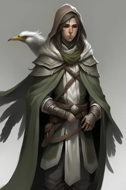 elvish ranger wearing a grey cloak and a mantle of brown feathers