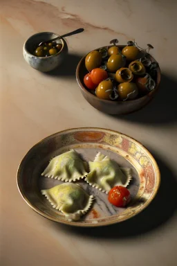 renaissance style still life composite, Raviolis pasta with natural tomato, albahaca, olives, olive oil. Dish, moisture, art, natural, ornaments, ceramic, marble, high kitchen, smooth, god rays, unreal engine 5, ray tracing, RTX, lumen lighting, ultra detail, volumetric lighting, 3d.