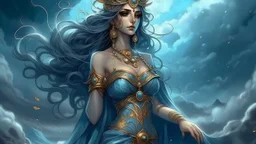 The goddess of dreams, weather and storms wears a suit and has stormy eyes.