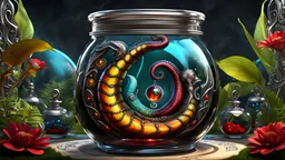 ancient shiny Dark fantasy alien serpent embryo in a glass specimen jar, garden landscape, silver filigree edges, bold lines, vivid tattoo ink, shiny glass jewels, bold (colorful hieroglyphs) cartouche, 16k resolution, epic, beautiful, masterpiece, trending on Artstation, deviantArt, ultra detailed, sharp focus, red yellow and black, deep color, vibrant, wet, gloss