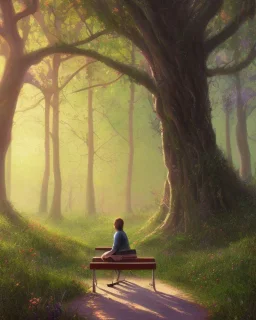 park mystical dream, park bench, man, woman, child, dog, trees, path, bird, sunshine, mystical, fantasy, romanticism, pastel colors, daylight, daytime, acrylic painting, detailed, soft focus,