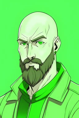 thirty year old bald character with beard, anime style, monochromatic shades of green theme