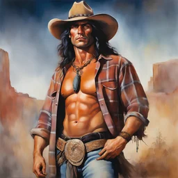 Conan the Barbarian wearing a long-sleeved plaid shirt, blue jeans, cowboy boots, and a cowboy hat, dark, multicolored watercolor stained wall in the background, oil painting in the art style of Frank Frazetta, 32k UHD, Hyper realistic, photorealistic, realistic, sharp, highly detailed, professional quality, beautiful, awesome, majestic, superb, trending on artstation