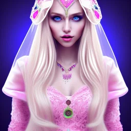beautiful, soft, smiling face, whole head, long straight blonde hair blues eyes, crown on the head, clothing in transparent bluish and pink veil, background brillante bluish and pink, hight definition, 8K