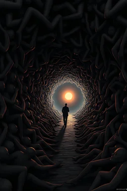 A dark and surreal scene depicting a tunnel-like structure filled with intertwined, distorted human figures. The tunnel is lined with countless writhing bodies, creating a chaotic and nightmarish atmosphere. At the end of the tunnel, a solitary figure walks towards a distant light source, casting an eerie glow that illuminates the scene. The overall color palette is muted with shades of black, gray, and hints of orange from the light, enhancing the ominous and unsettling mood. The level of detai