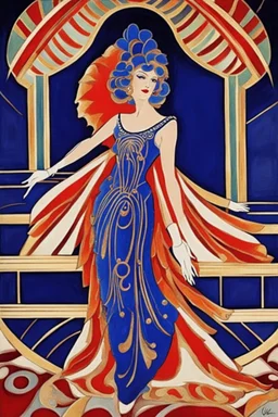 A flamboyant Art Deco opera dress by artist "Luminous Lapislazuli",by artist "Vibrant Velvet"